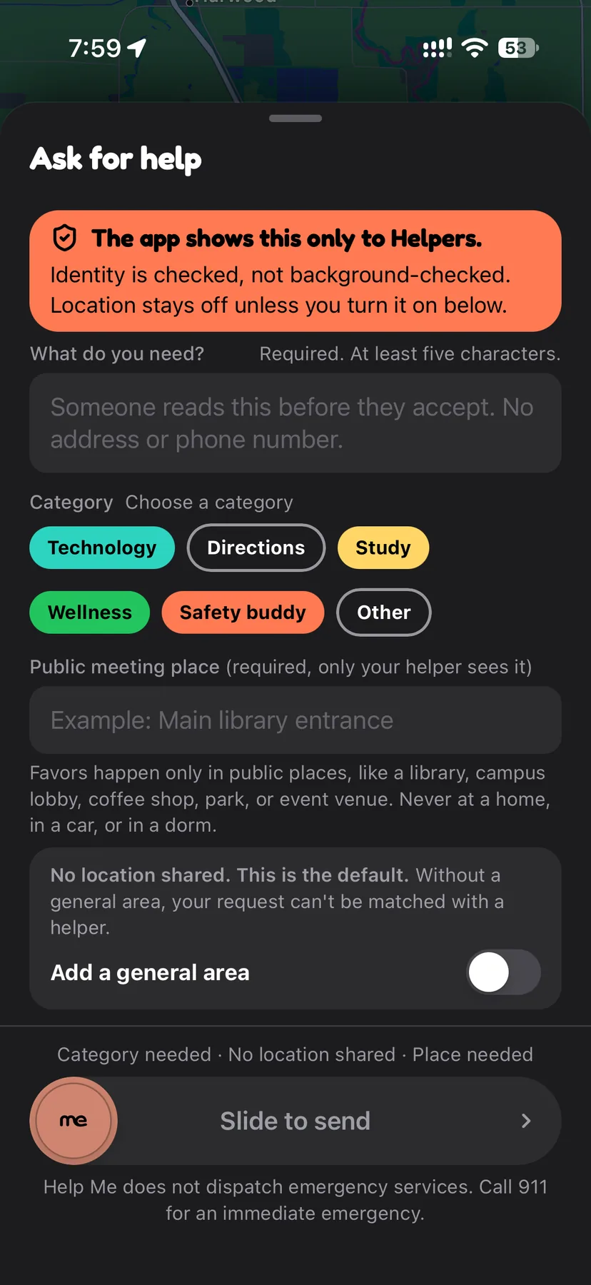 The Ask for help screen in the Help Me app, with a text box, category choices, a public meeting place field, and a slide to send button.
