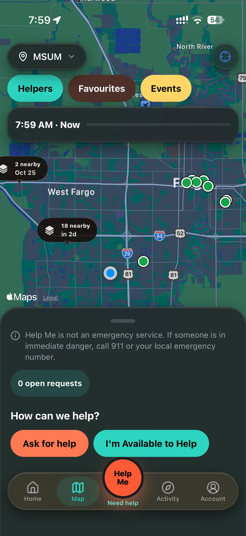 The Map screen in the Help Me app, showing helpers as coarse markers over Fargo, West Fargo, and Moorhead.