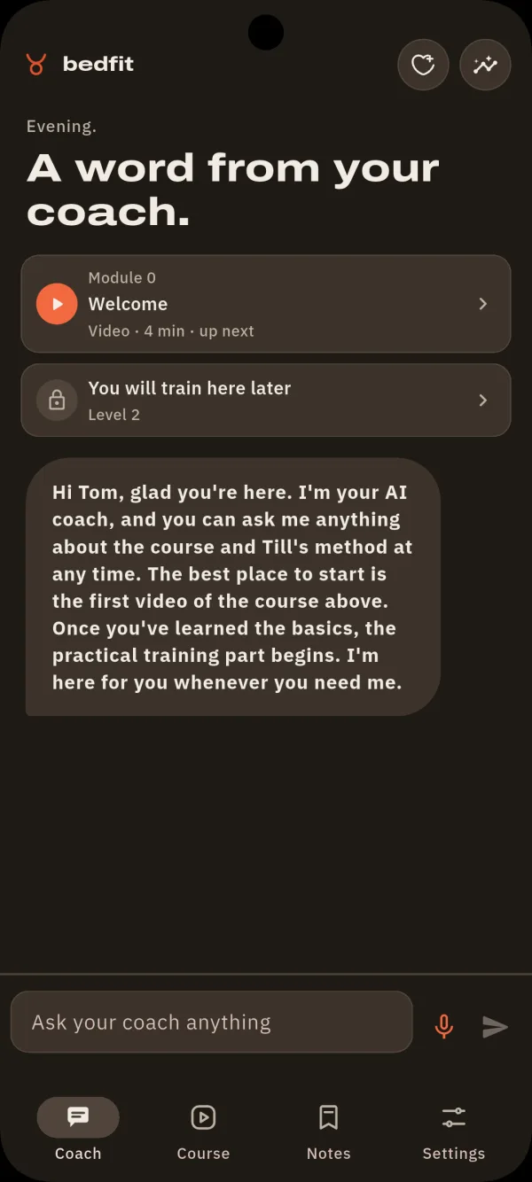 Bedfit welcome screen with an introduction to the AI coach and the first course video